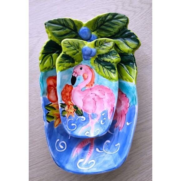 DISHES-HAUSENWARE-Trinket-Serving-Flamingo-Pink-Tropical-Embossed-SET OF 2 - Picture 6 of 15